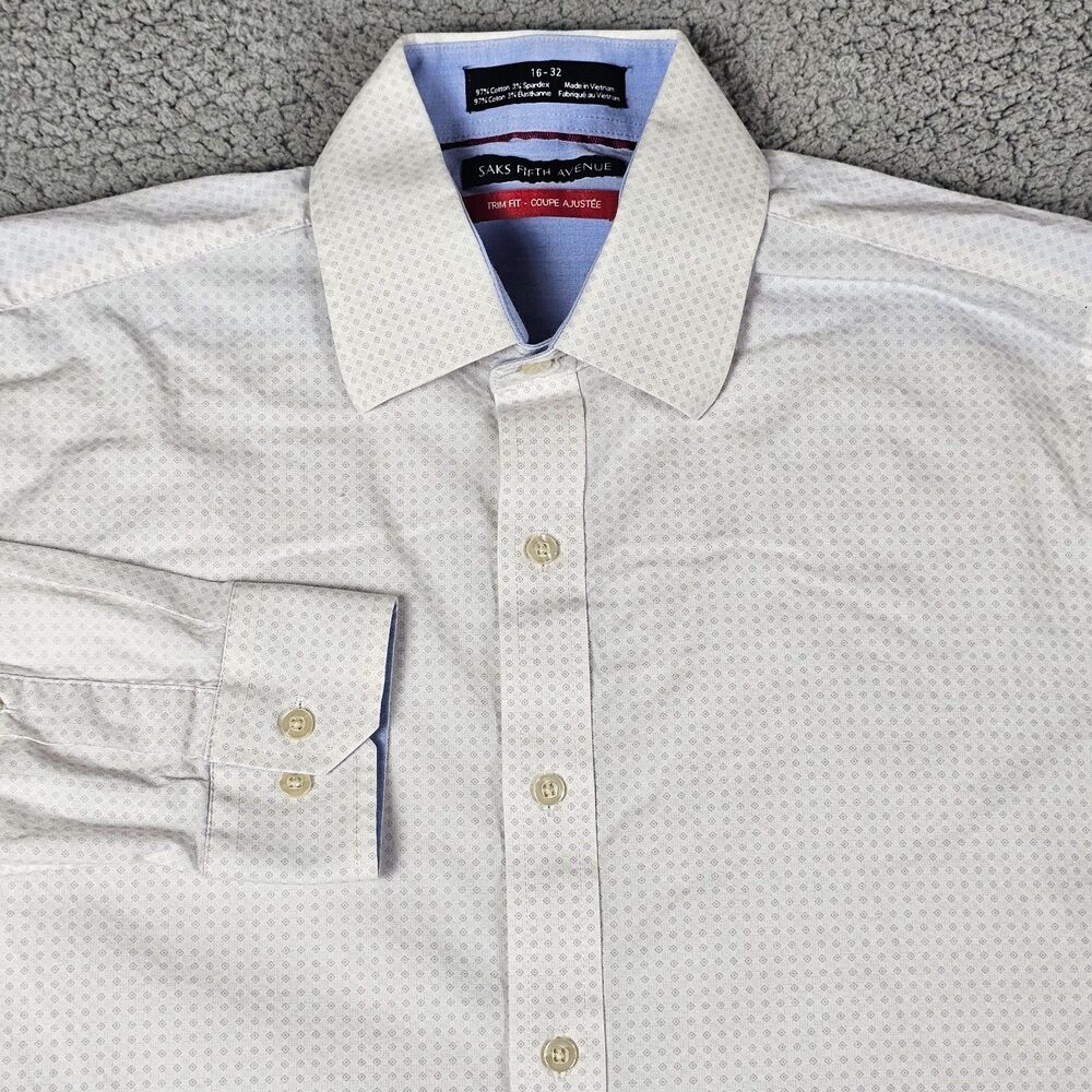 Saks Fifth Avenue Shirt Men 16/32 Large White Trim Fit Geometric AOP Long Sleeve